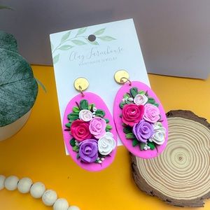 Floral pink polymer clay earrings